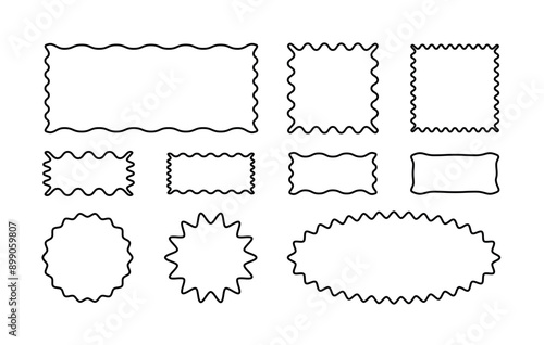 Set of circular and square frames with wavy and zigzag edges. Rectangular and round shapes with curved and jagged edges isolated on white background. Vector graphic illustration