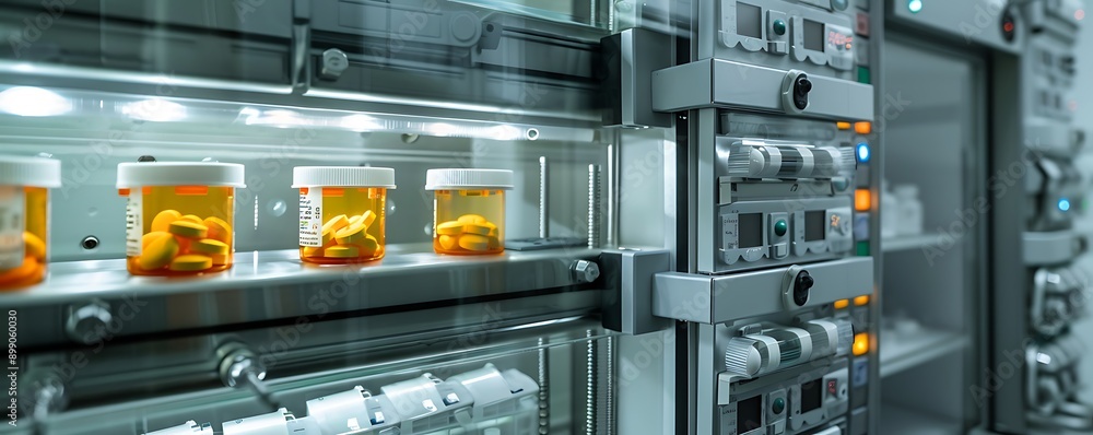 A detailed view of a smart medicine dispenser in a hospital setting, ensuring accurate dosage and timing for patient safety. A detailed view of a smart medicine dispenser in a hospital setting, ensuring accurate dosage and timing for patient safety.