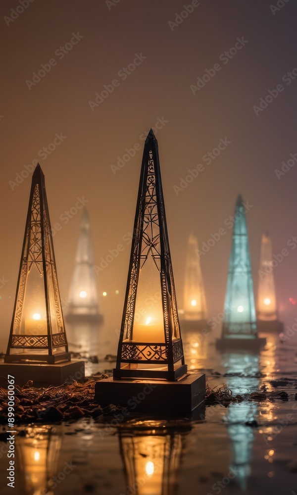 Obraz premium Illuminated Pyramids Reflecting in Water at Dusk.