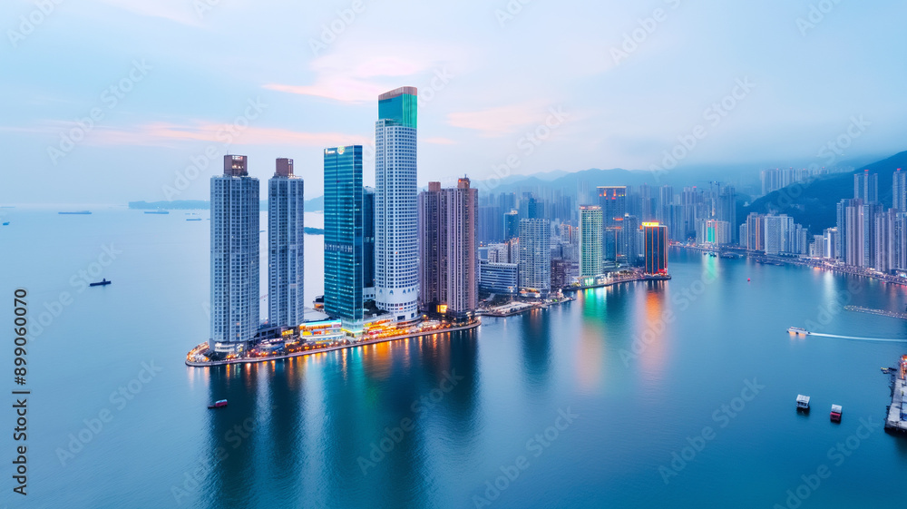 Naklejka premium A coastal city skyline with modern skyscrapers reflecting in the water at dusk. The tranquil sea and clear sky enhance the serene urban landscape, while city lights start to illuminate the scene.