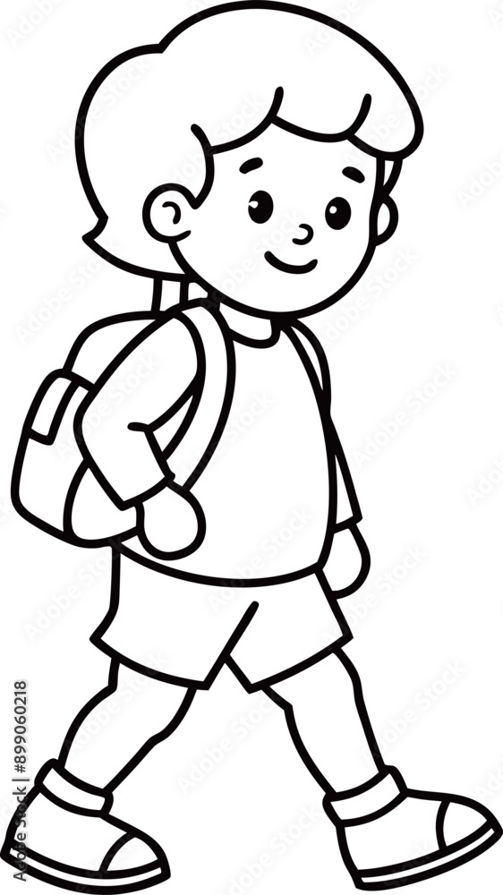 Black and White Cartoon Illustration of Cute Little Boy with Backpack for Coloring Book Black and White Cartoon Illustration of Cute Little Boy with Backpack for Coloring Book