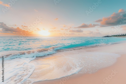 A gentle wave laps at the sandy shore as the sun sets over the tranquil ocean photo