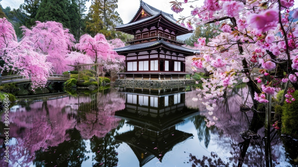 Traditional Japanese pagoda with layered roofs, surrounded by cherry blossom trees in full bloom, tranquil water garden reflecting the structure Traditional Japanese pagoda with layered roofs, surrounded by cherry blossom trees in full bloom, tranquil water garden reflecting the structure