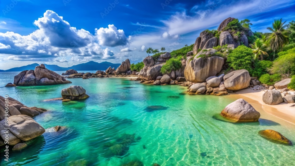 Obraz premium Vibrant turquoise water laps against exotic rock formations on a secluded, picturesque tropical beach in southern Vietnam's coastal paradise.