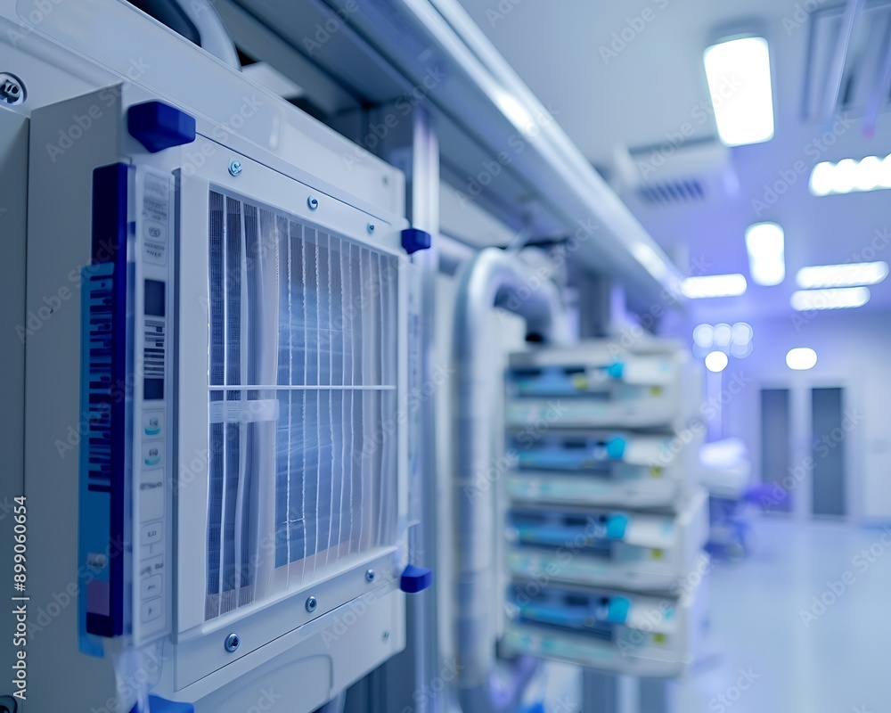 A detailed view of an advanced air filtration system in a hospital room, ensuring clean air and patient safety. A detailed view of an advanced air filtration system in a hospital room, ensuring clean air and patient safety.