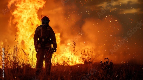 Brave Firefighter Silhouetted Against Raging Wildfire, Symbol of Heroism in Dangerous Rescue Mission