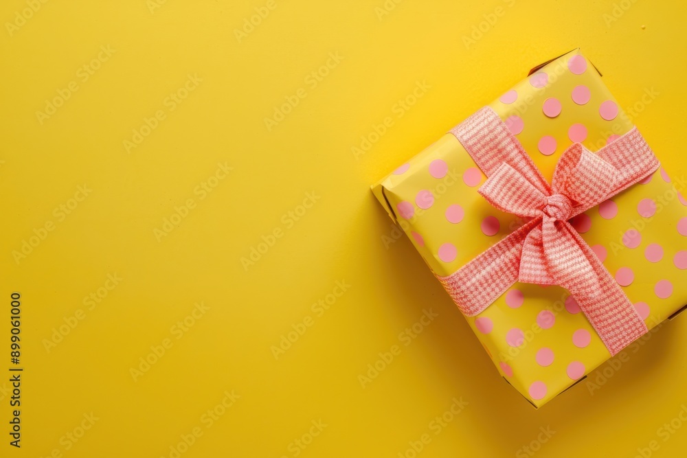A Bright Yellow Gift Box with Pink Polka Dots and a Pink Ribbon Bow on a Yellow Background. A Bright Yellow Gift Box with Pink Polka Dots and a Pink Ribbon Bow on a Yellow Background.