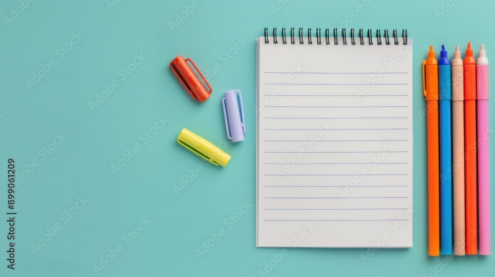 Flat lay of various office and school supplies including whiteboard dry erase markers notebook and colored pencils arranged on a minimalist backdrop with deep depth of field Flat lay of various office and school supplies including whiteboard dry erase markers notebook and colored pencils arranged on a minimalist backdrop with deep depth of field