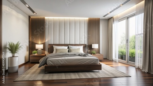 Modern minimalist bedroom with sleek white walls, dark wood furniture, and floor-to-ceiling curtains, filled with soft, warm afternoon light.