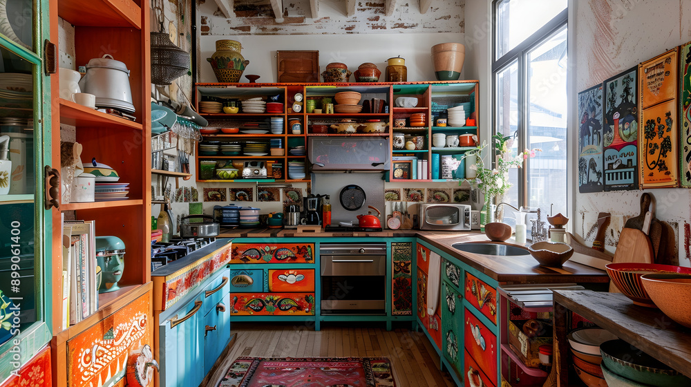 Naklejka premium Eclectic pantry with colorful shelves, mismatched storage, and playful decor in a bohemian-style kitchen