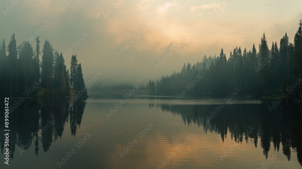 Fototapeta premium Tranquility Threatened: Serene Lake Shrouded in Wildfire Smoke, Juxtaposing Calm and Chaos
