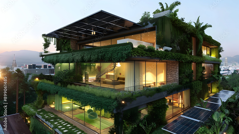 Eco-friendly house with green walls, solar panels, and a lush rooftop garden in an urban setting Eco-friendly house with green walls, solar panels, and a lush rooftop garden in an urban setting