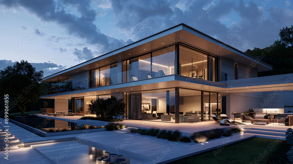 Fototapeta premium Elegant contemporary villa with sleek glass walls and warm interior lighting, set against a stunning twilight sky