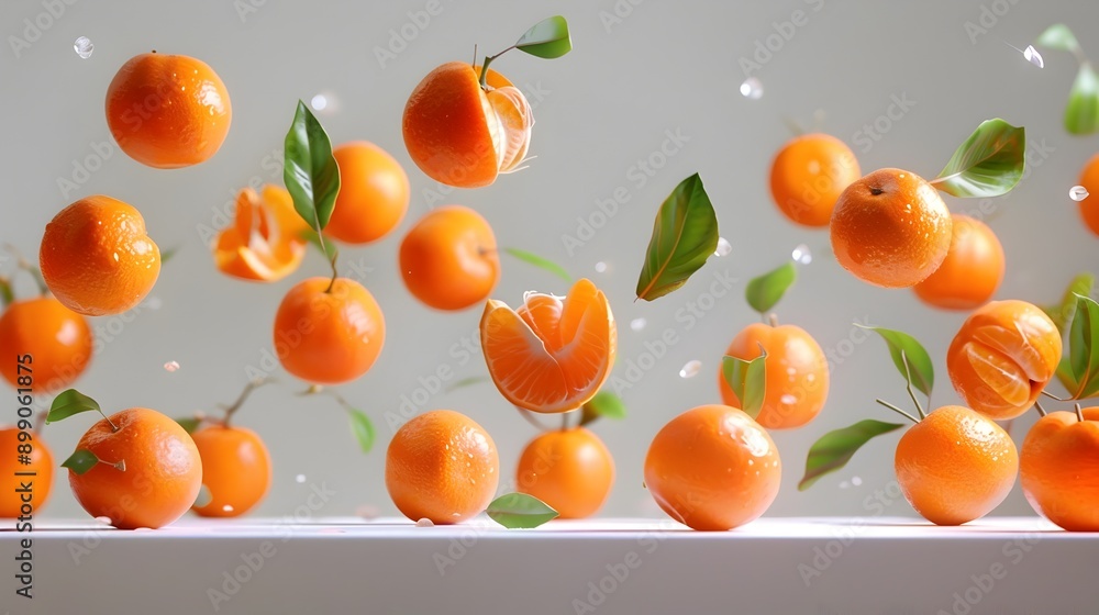 Satsuma Citrus Fruit Cascading in Mid-Motion on Minimalist Background Satsuma Citrus Fruit Cascading in Mid-Motion on Minimalist Background