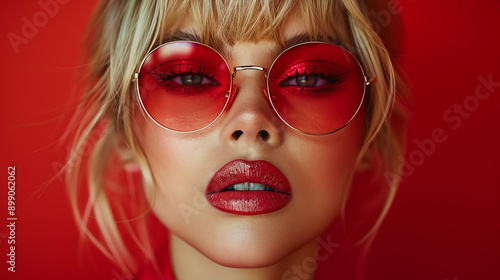 Blonde model with red sunglasses, bold makeup, red background, highfashion style