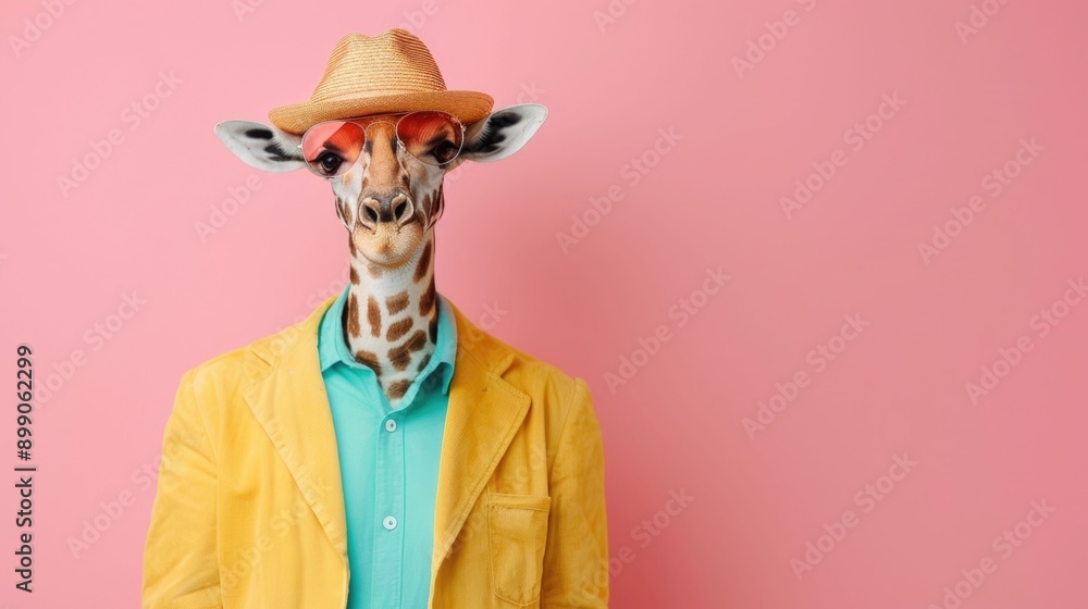 Whimsical and Stylish Giraffe Dressed in Colorful Summer Clothing Posing Against a Vibrant Pastel Backdrop Showcasing a Unique and Imaginative Conceptual Portrait Whimsical and Stylish Giraffe Dressed in Colorful Summer Clothing Posing Against a Vibrant Pastel Backdrop Showcasing a Unique and Imaginative Conceptual Portrait
