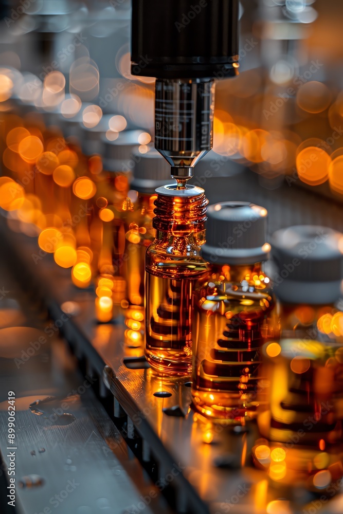 Precision machine filling vials, sterile look, close midangle, soft overhead light Precision machine filling vials, sterile look, close midangle, soft overhead light
