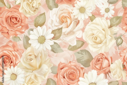 A Delicate Floral Tapestry: Roses and Daisies in Soft Hues