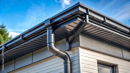 sleek black roof gutter and downpipe on modern home architectural detail system photo