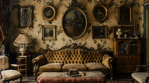 Elegant living room with antique furniture, a velvet sofa, ornate mirrors, and oil paintings on richly wallpapered walls