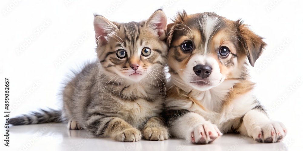 Obraz premium Adorable kitten and playful puppy become instant friends, snuggling and posing together on a pristine white background, exuding innocence and irresistible cuteness.