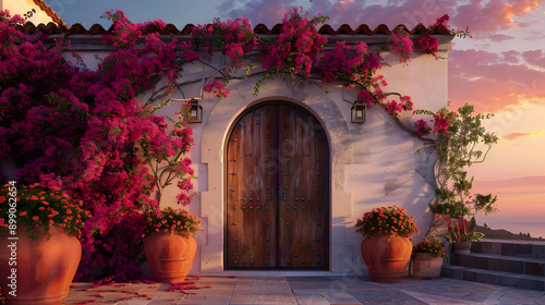 Fototapeta Naklejka Na Ścianę i Meble -  Elegant Mediterranean-style door with vibrant bougainvillea and terracotta pots, set against a sunset sky