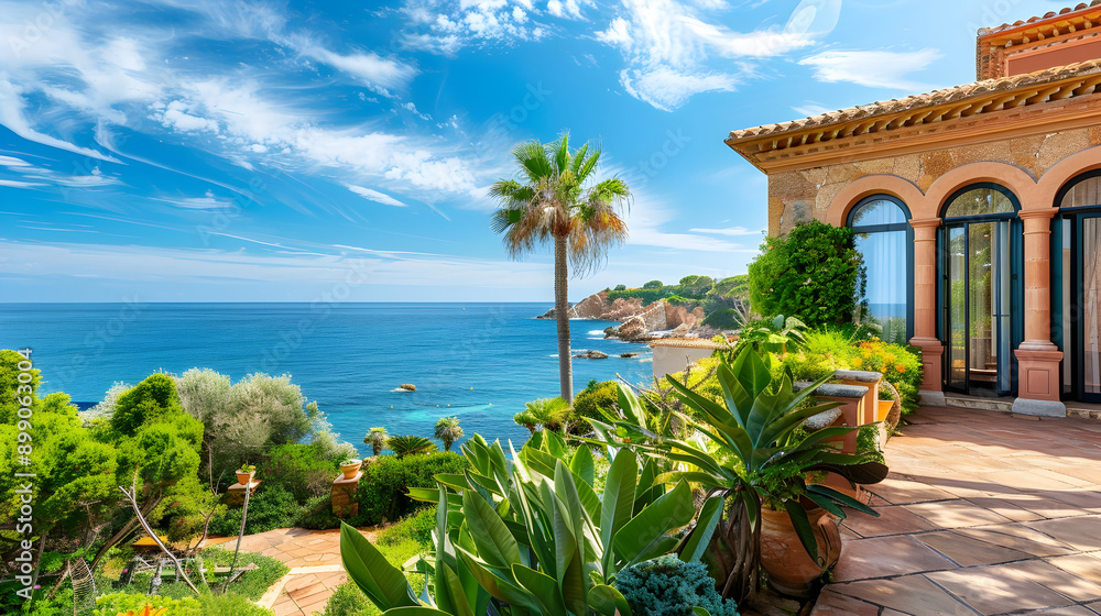 Fototapeta premium Elegant seaside villa with arched windows, terracotta roof, and a lush garden leading to a private beach under a bright blue sky