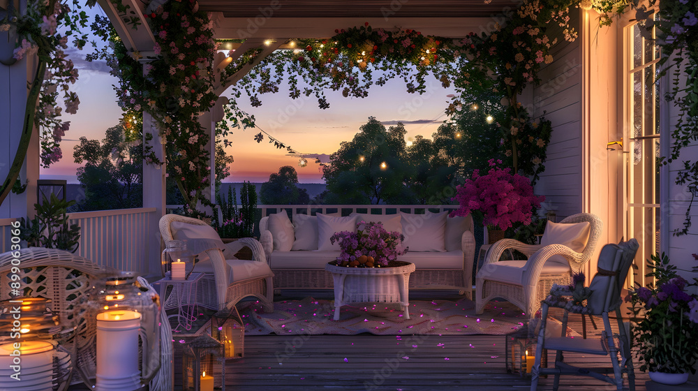 Obraz premium Elegant veranda with white wicker furniture, blooming jasmine, and twinkling fairy lights at twilight