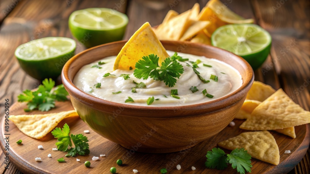 Freshly made creamy dip served alongside crispy golden tortilla chips and garnished with fresh cilantro, lime wedges, and salt. Freshly made creamy dip served alongside crispy golden tortilla chips and garnished with fresh cilantro, lime wedges, and salt.