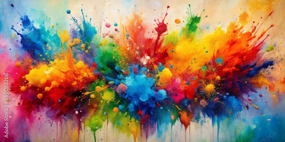 Fototapeta premium Vibrant multi-colored brush strokes with thick textured acrylic paints splattered on a white canvas, creating a dynamic and abstract artistic expression.
