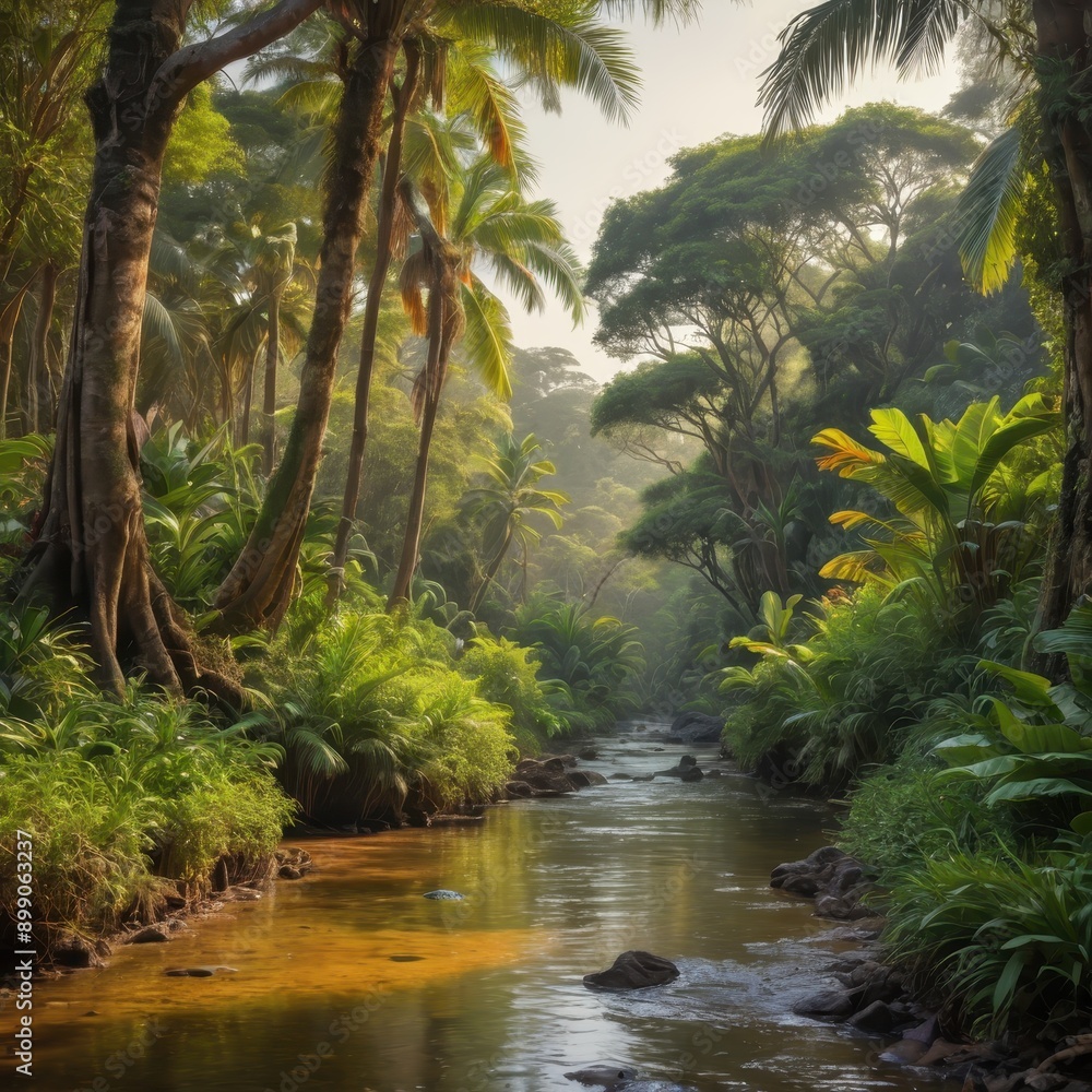 Lush Tropical Rainforest with Sunlight Stream.
