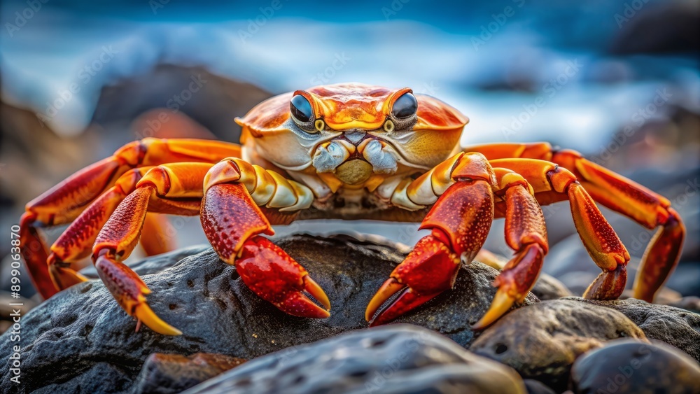 Vibrant orange-red crab stands alert on a rocky coastal shoreline, claws raised defensively, eyes fixed on an unknown threat nearby. Vibrant orange-red crab stands alert on a rocky coastal shoreline, claws raised defensively, eyes fixed on an unknown threat nearby.