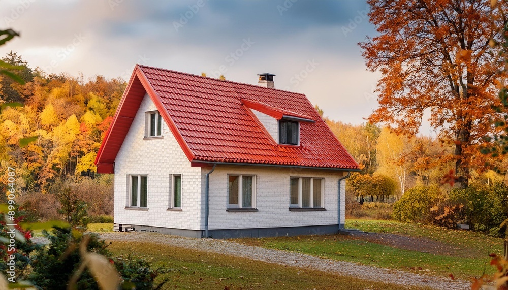 Small cozy house with red roof in autumn colors. Small cozy house with red roof in autumn colors.