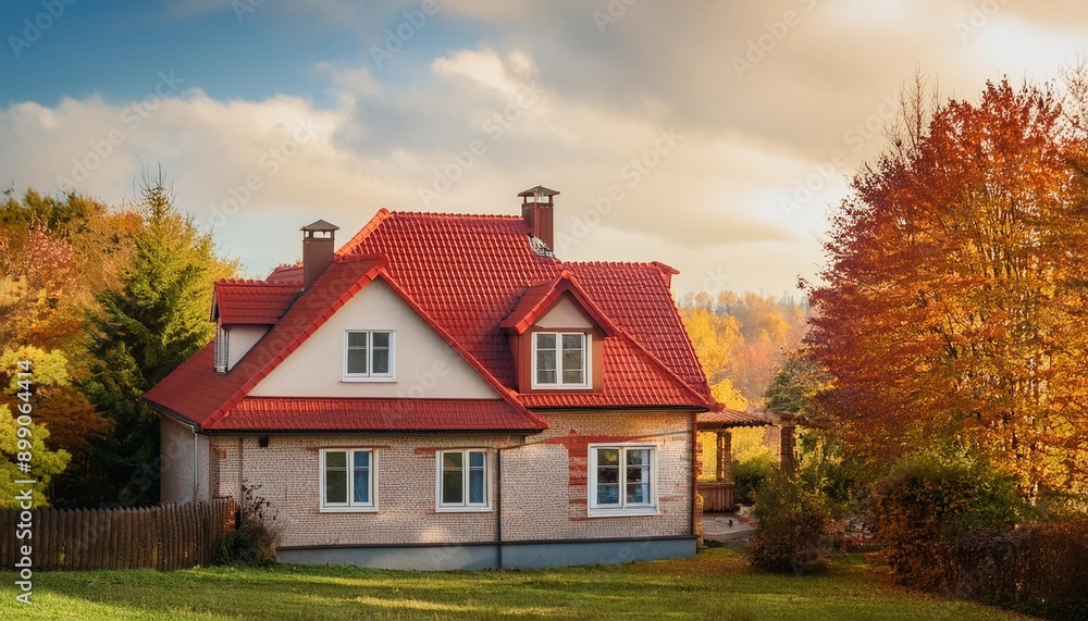 Small cozy house with red roof in autumn colors.