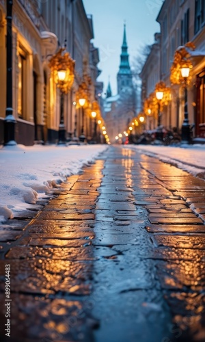 Cobblestone Street in the Evening with Snow