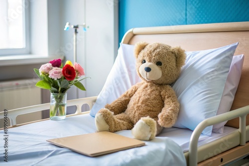 A small hospital bed with a stuffed toy, a get-well card, and a gentle hand offering comfort, symbolizing love and care for a young patient's health journey.