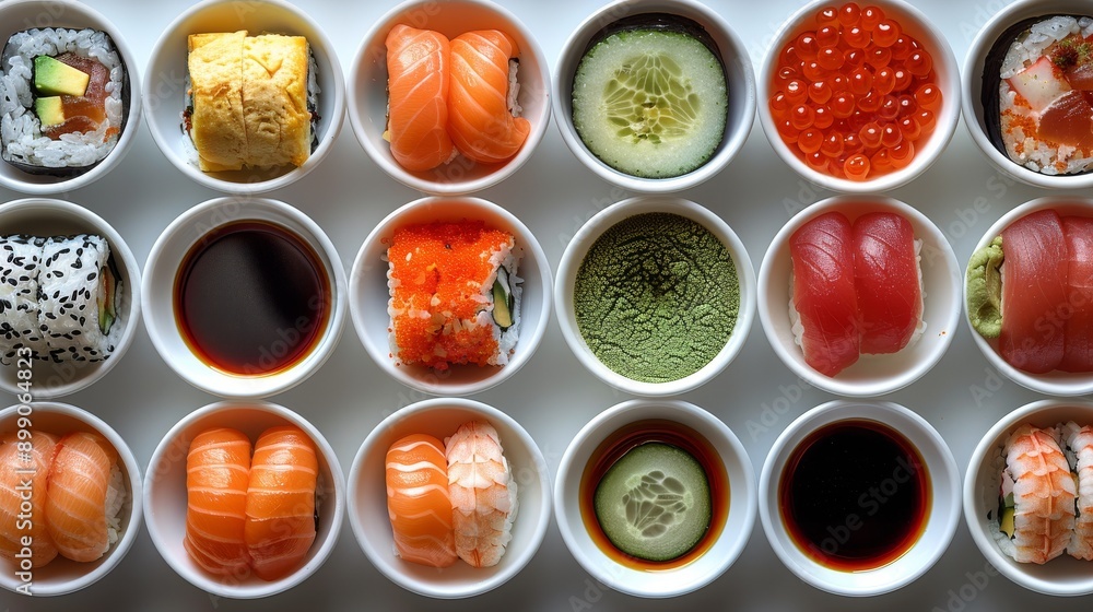Delicious assortment of sushi is presented on a white platter, showcasing the vibrant colors and textures of japanese cuisine Delicious assortment of sushi is presented on a white platter, showcasing the vibrant colors and textures of japanese cuisine
