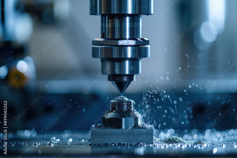 Precise CNC Milling Machine at Work Creating Metal Piece on Table in Industrial Setting Precise CNC Milling Machine at Work Creating Metal Piece on Table in Industrial Setting