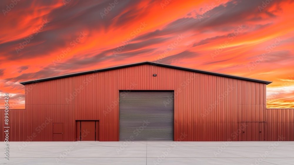 Industrial warehouse with rusted metal skin, exposed beams, and large sliding doors, set against a backdrop of a vibrant sunset sky, gritty aesthetic Industrial warehouse with rusted metal skin, exposed beams, and large sliding doors, set against a backdrop of a vibrant sunset sky, gritty aesthetic