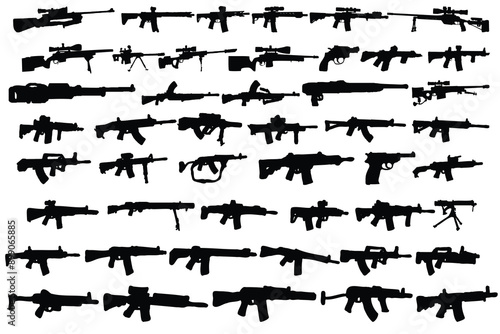Big set of silhouettes of various weapons firearms 