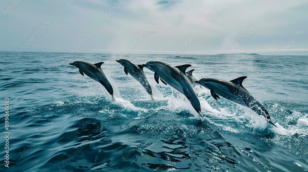 Naklejka premium Group of dolphins leaping joyfully in the ocean, freedom and grace, celebrating the wonders of marine life on World Ocean Day