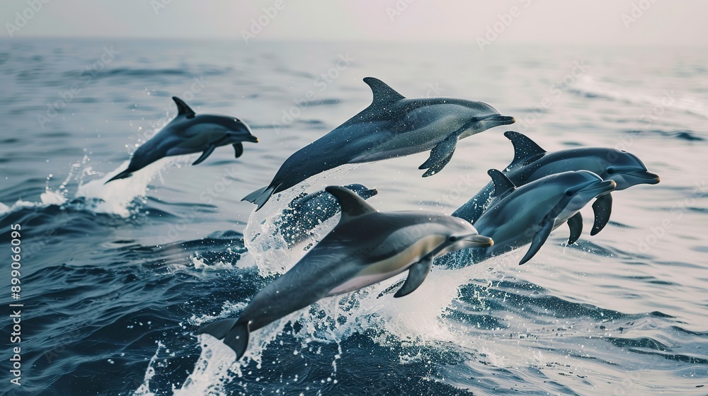 Fototapeta premium Group of dolphins leaping joyfully in the ocean, freedom and grace, celebrating the wonders of marine life on World Ocean Day