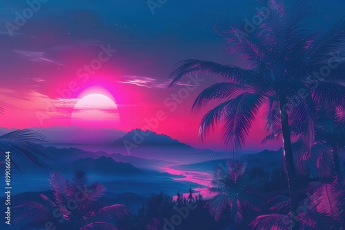 retrofuturistic sunrise landscape neonhued palm trees silhouetted against vibrant sky mountain backdrop synthwave aesthetic dreamy nostalgic atmosphere