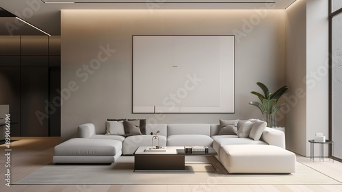 Elegant minimalistic interior design featuring sleek furniture, modern art pieces, and subtle lighting creating a harmonious atmosphere