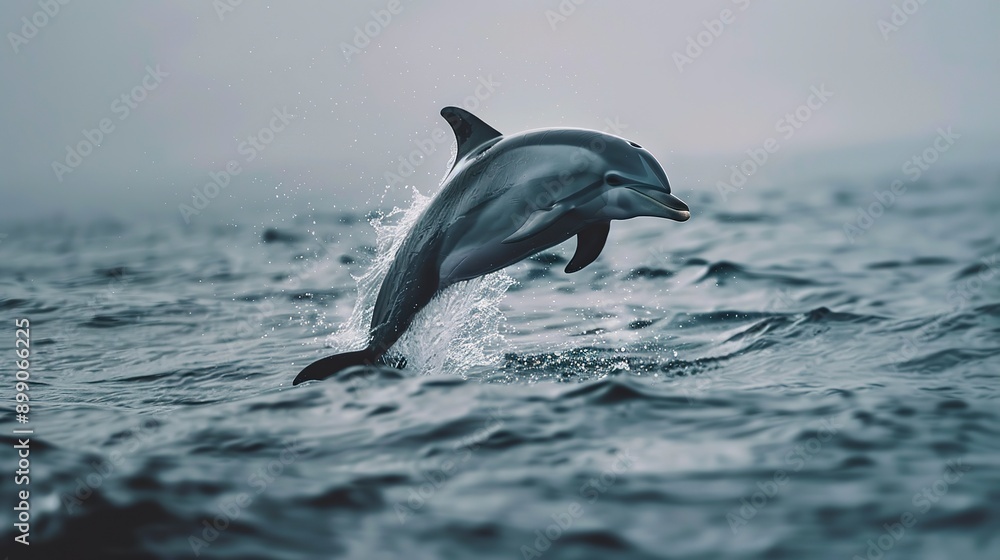 Fototapeta premium A stunning realistic photo of a dolphin leaping out of the ocean, underscoring the importance of marine conservation and the protection of marine wildlife, Minimalism. 