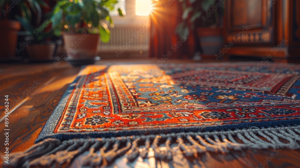 Sun shining through a window and illuminating a colorful carpet lying on a wooden floor Sun shining through a window and illuminating a colorful carpet lying on a wooden floor