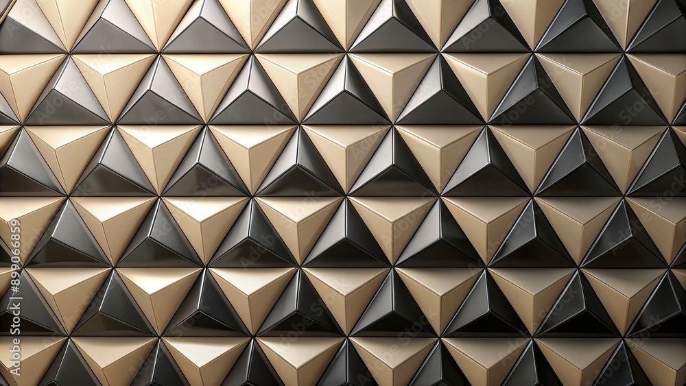 Geometric modern wall featuring triangular tile pattern with three-dimensional black blocks on a polished, semi-gloss background in neutral tones. Geometric modern wall featuring triangular tile pattern with three-dimensional black blocks on a polished, semi-gloss background in neutral tones.