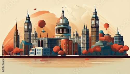 London cityscape, clock towers and landmark buildings, vintage landscape