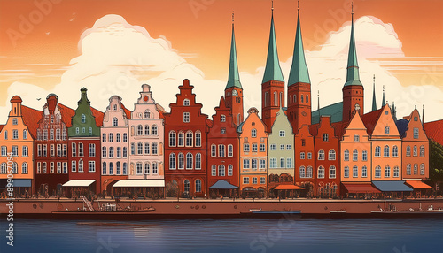 vintage Lübeck cityscape and canal