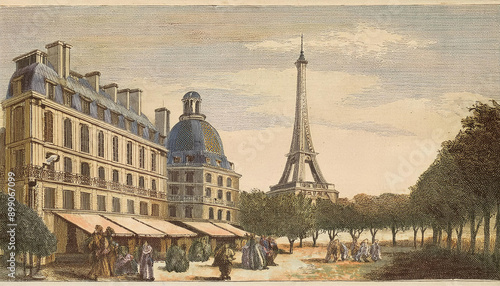 paris and eiffel tower vintage illustration